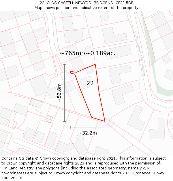 22, CLOS CASTELL NEWYDD, BRIDGEND, CF31 5DR: Plot and title map