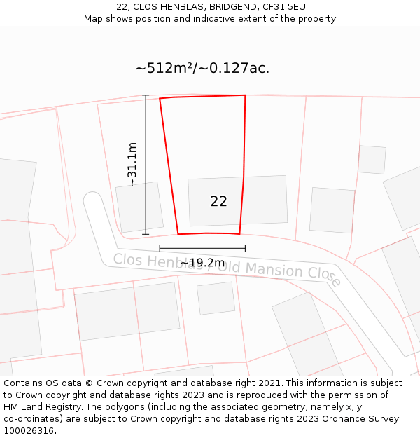 22, CLOS HENBLAS, BRIDGEND, CF31 5EU: Plot and title map