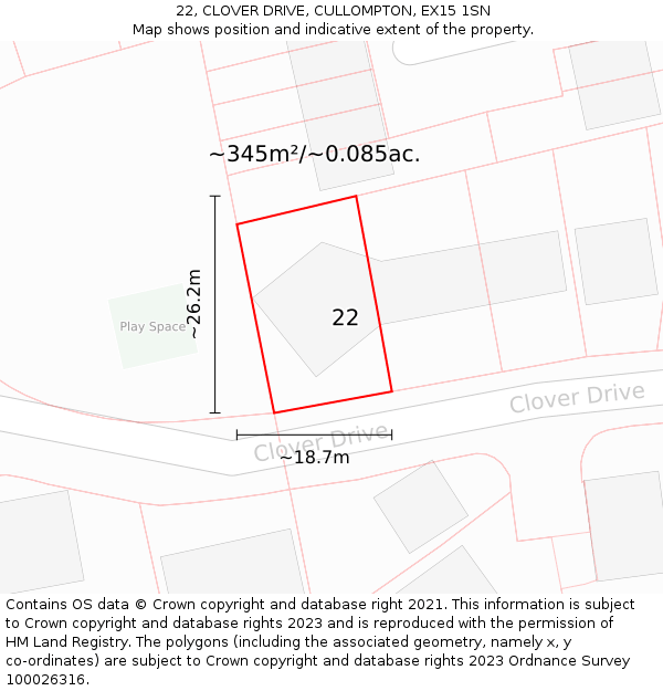 22, CLOVER DRIVE, CULLOMPTON, EX15 1SN: Plot and title map