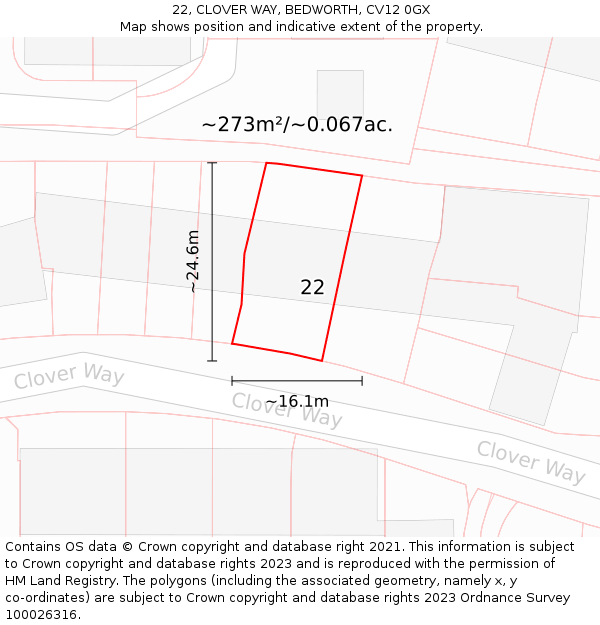 22, CLOVER WAY, BEDWORTH, CV12 0GX: Plot and title map