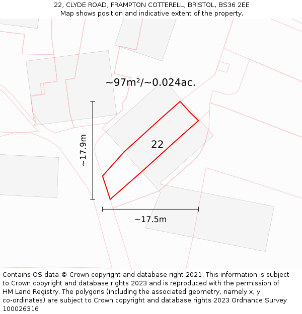 22, CLYDE ROAD, FRAMPTON COTTERELL, BRISTOL, BS36 2EE: Plot and title map