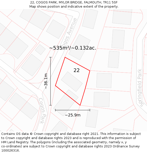 22, COGOS PARK, MYLOR BRIDGE, FALMOUTH, TR11 5SF: Plot and title map