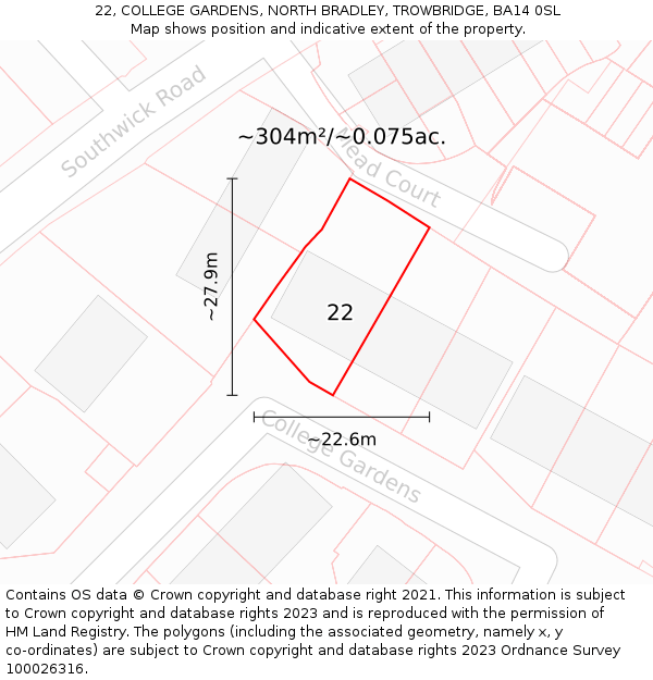 22, COLLEGE GARDENS, NORTH BRADLEY, TROWBRIDGE, BA14 0SL: Plot and title map