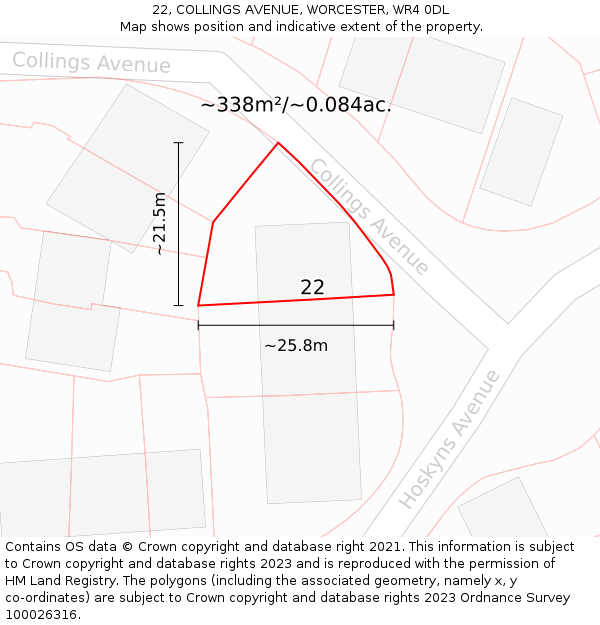 22, COLLINGS AVENUE, WORCESTER, WR4 0DL: Plot and title map