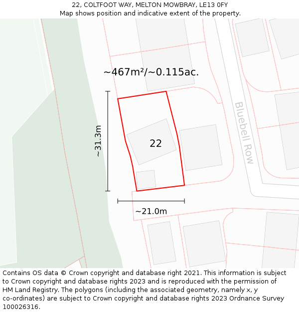 22, COLTFOOT WAY, MELTON MOWBRAY, LE13 0FY: Plot and title map