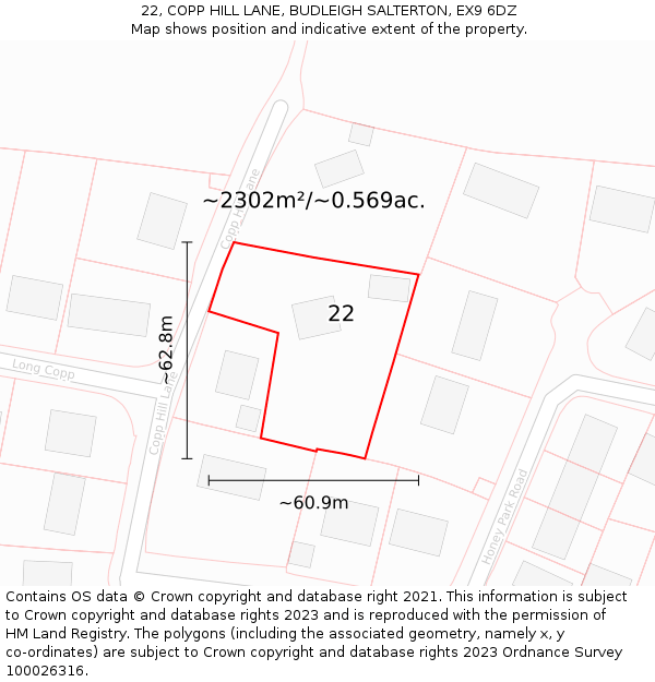 22, COPP HILL LANE, BUDLEIGH SALTERTON, EX9 6DZ: Plot and title map