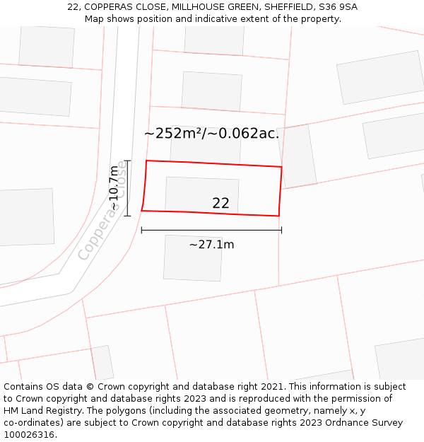 22, COPPERAS CLOSE, MILLHOUSE GREEN, SHEFFIELD, S36 9SA: Plot and title map