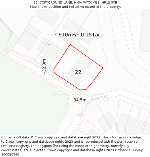 22, COPYGROUND LANE, HIGH WYCOMBE, HP12 3XB: Plot and title map