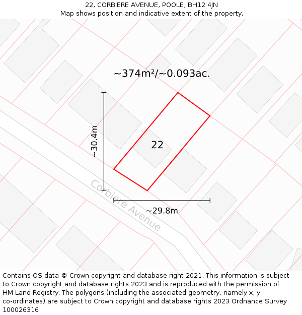 22, CORBIERE AVENUE, POOLE, BH12 4JN: Plot and title map