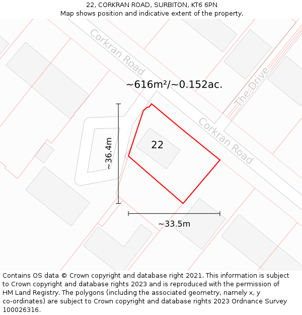 22, CORKRAN ROAD, SURBITON, KT6 6PN: Plot and title map