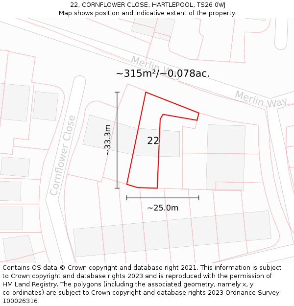 22, CORNFLOWER CLOSE, HARTLEPOOL, TS26 0WJ: Plot and title map