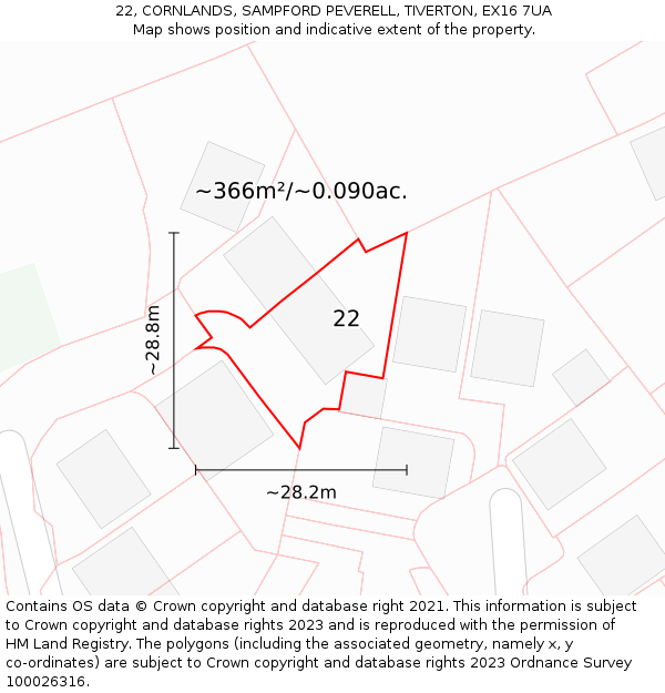 22, CORNLANDS, SAMPFORD PEVERELL, TIVERTON, EX16 7UA: Plot and title map