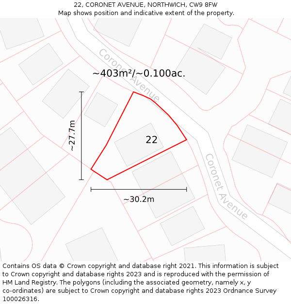 22, CORONET AVENUE, NORTHWICH, CW9 8FW: Plot and title map