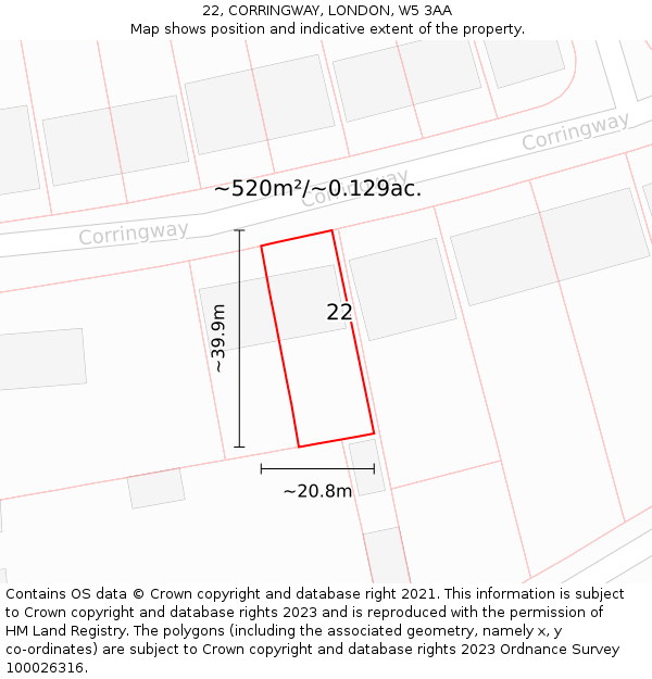 22, CORRINGWAY, LONDON, W5 3AA: Plot and title map