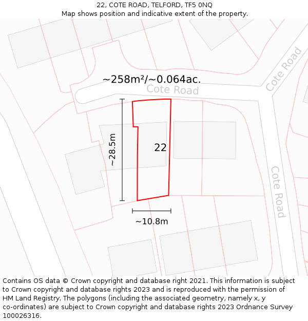22, COTE ROAD, TELFORD, TF5 0NQ: Plot and title map