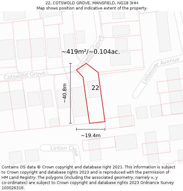 22, COTSWOLD GROVE, MANSFIELD, NG18 3HH: Plot and title map