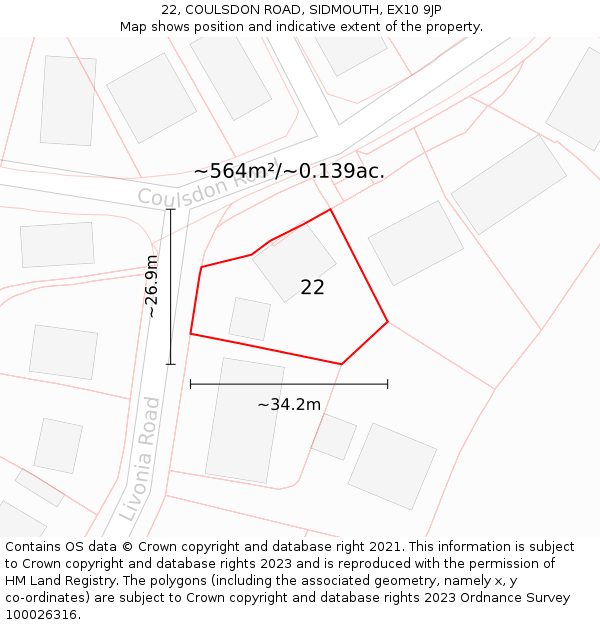 22, COULSDON ROAD, SIDMOUTH, EX10 9JP: Plot and title map