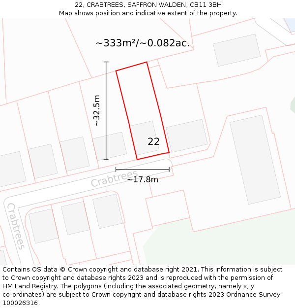 22, CRABTREES, SAFFRON WALDEN, CB11 3BH: Plot and title map