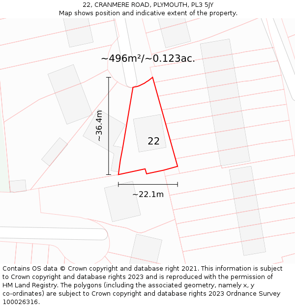 22, CRANMERE ROAD, PLYMOUTH, PL3 5JY: Plot and title map