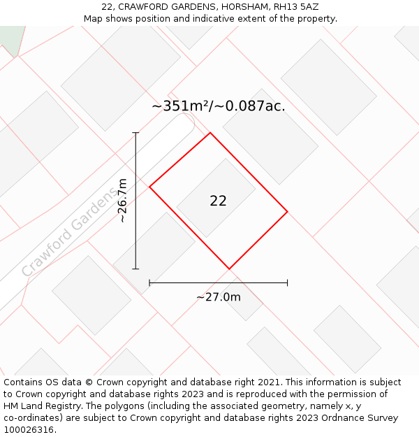 22, CRAWFORD GARDENS, HORSHAM, RH13 5AZ: Plot and title map