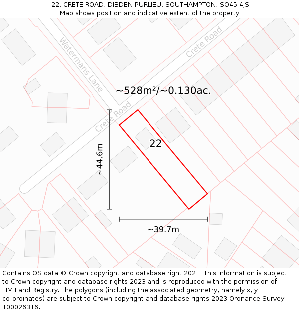 22, CRETE ROAD, DIBDEN PURLIEU, SOUTHAMPTON, SO45 4JS: Plot and title map