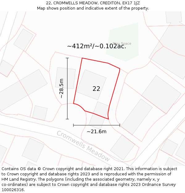 22, CROMWELLS MEADOW, CREDITON, EX17 1JZ: Plot and title map