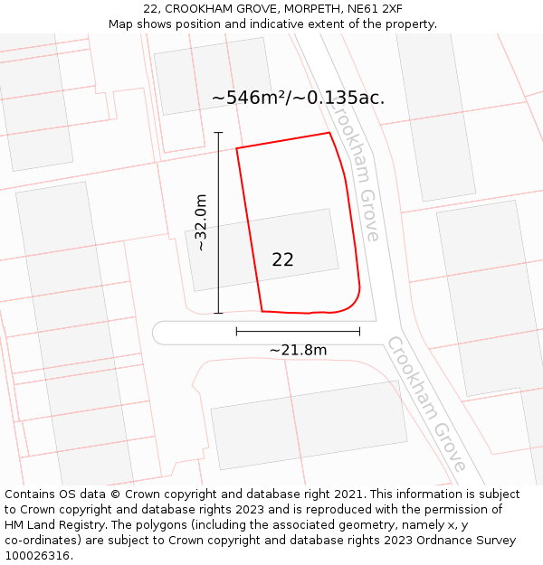 22, CROOKHAM GROVE, MORPETH, NE61 2XF: Plot and title map