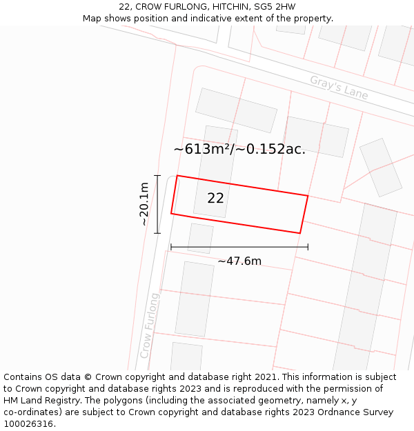 22, CROW FURLONG, HITCHIN, SG5 2HW: Plot and title map