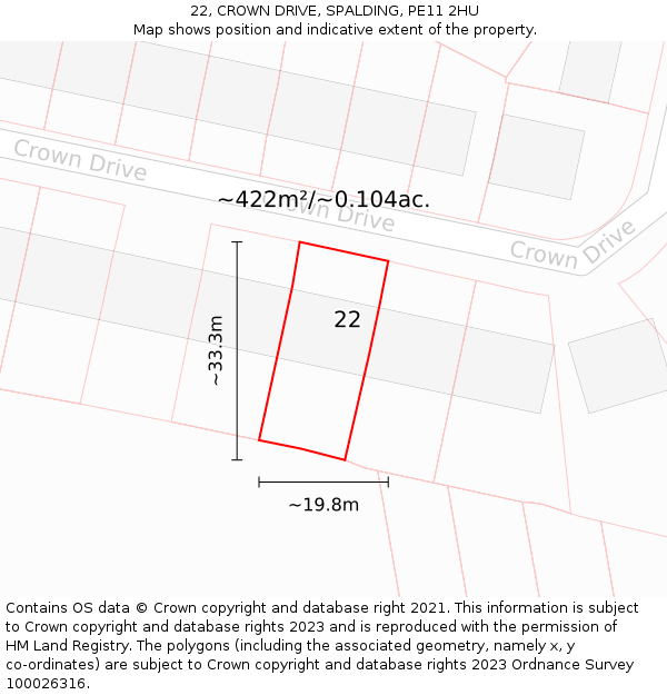 22, CROWN DRIVE, SPALDING, PE11 2HU: Plot and title map