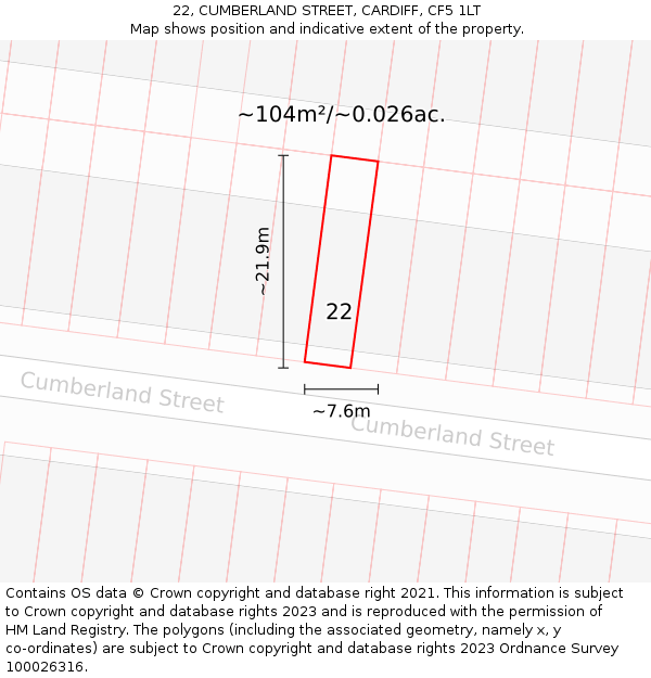 22, CUMBERLAND STREET, CARDIFF, CF5 1LT: Plot and title map