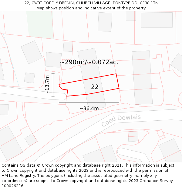 22, CWRT COED Y BRENIN, CHURCH VILLAGE, PONTYPRIDD, CF38 1TN: Plot and title map