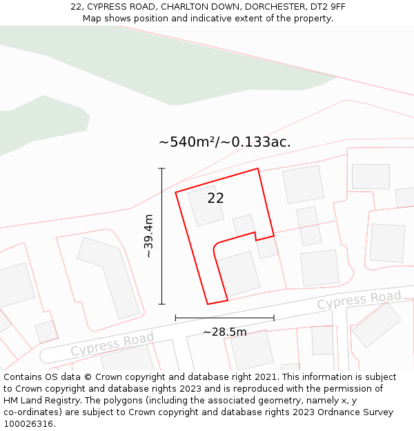 22, CYPRESS ROAD, CHARLTON DOWN, DORCHESTER, DT2 9FF: Plot and title map