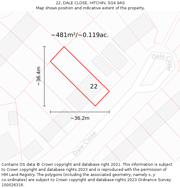 22, DALE CLOSE, HITCHIN, SG4 9AS: Plot and title map