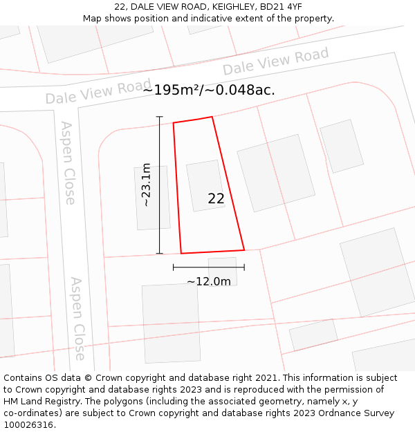 22, DALE VIEW ROAD, KEIGHLEY, BD21 4YF: Plot and title map