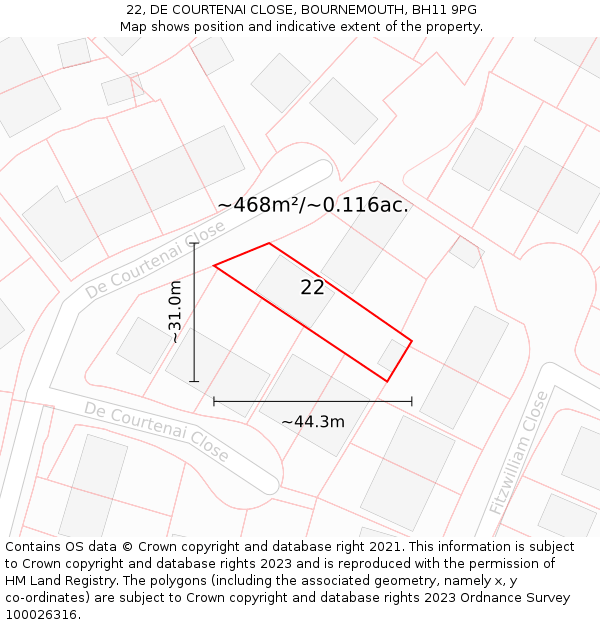 22, DE COURTENAI CLOSE, BOURNEMOUTH, BH11 9PG: Plot and title map