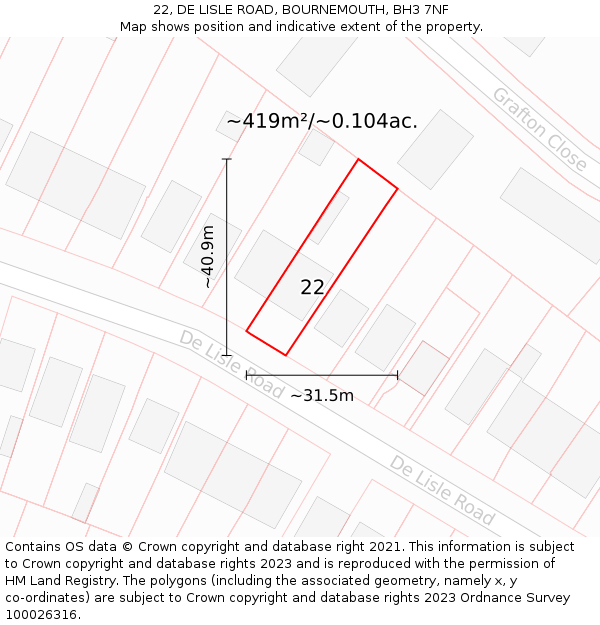 22, DE LISLE ROAD, BOURNEMOUTH, BH3 7NF: Plot and title map