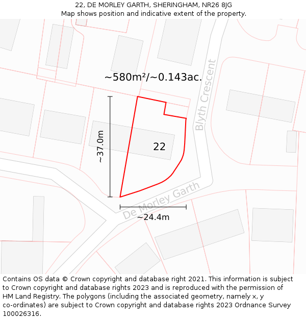 22, DE MORLEY GARTH, SHERINGHAM, NR26 8JG: Plot and title map