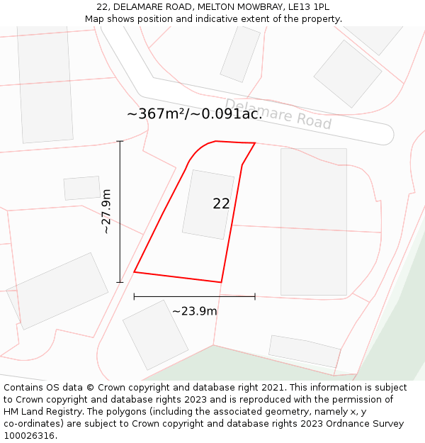 22, DELAMARE ROAD, MELTON MOWBRAY, LE13 1PL: Plot and title map