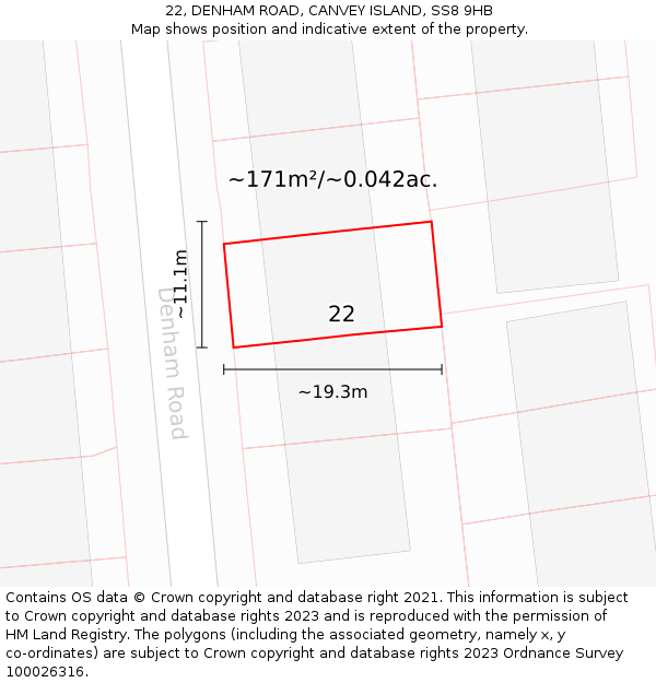 22, DENHAM ROAD, CANVEY ISLAND, SS8 9HB: Plot and title map
