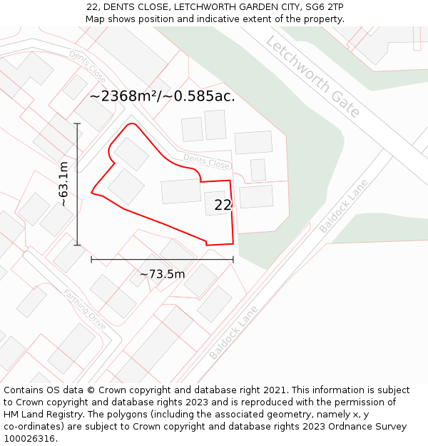 22, DENTS CLOSE, LETCHWORTH GARDEN CITY, SG6 2TP: Plot and title map