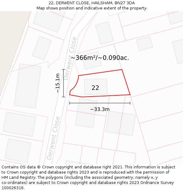 22, DERWENT CLOSE, HAILSHAM, BN27 3DA: Plot and title map