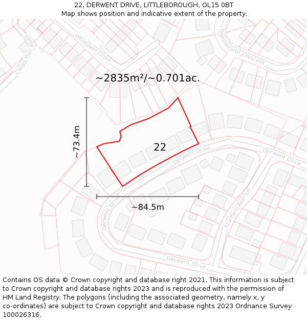 22, DERWENT DRIVE, LITTLEBOROUGH, OL15 0BT: Plot and title map