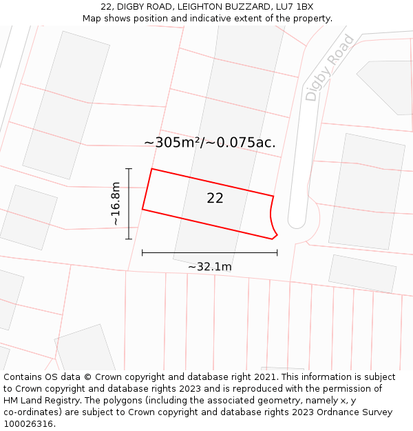 22, DIGBY ROAD, LEIGHTON BUZZARD, LU7 1BX: Plot and title map