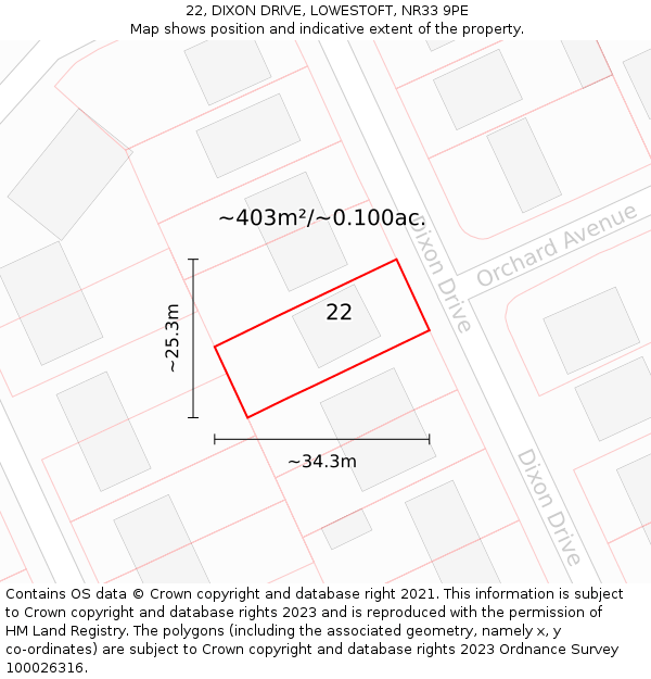 22, DIXON DRIVE, LOWESTOFT, NR33 9PE: Plot and title map