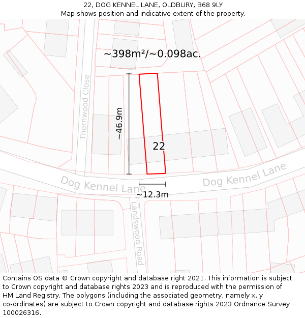 22, DOG KENNEL LANE, OLDBURY, B68 9LY: Plot and title map