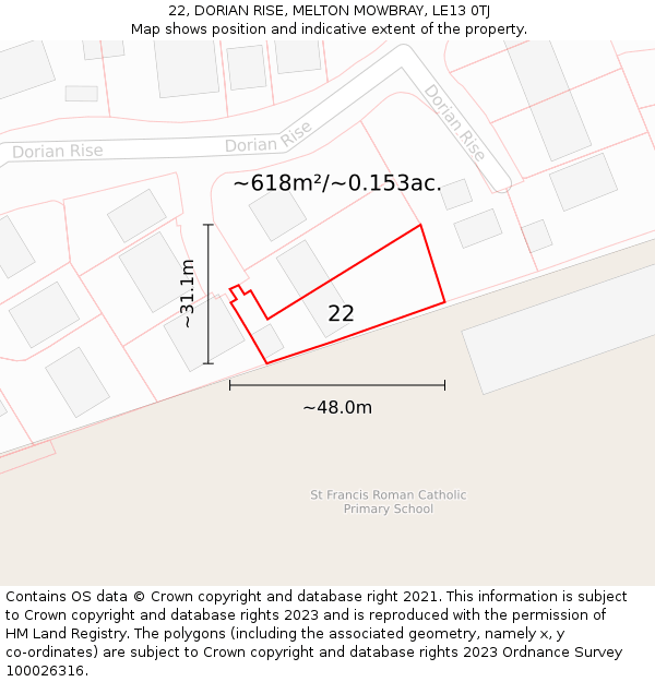 22, DORIAN RISE, MELTON MOWBRAY, LE13 0TJ: Plot and title map