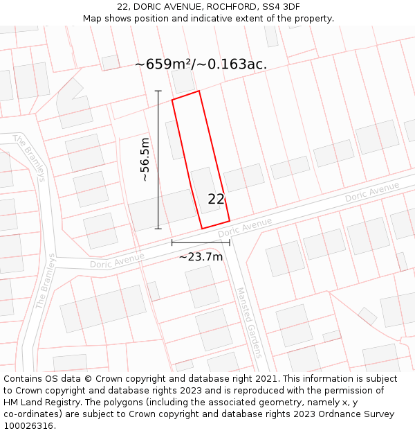 22, DORIC AVENUE, ROCHFORD, SS4 3DF: Plot and title map