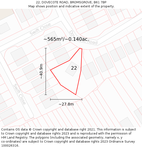 22, DOVECOTE ROAD, BROMSGROVE, B61 7BP: Plot and title map