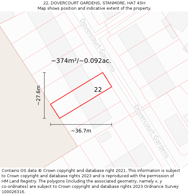 22, DOVERCOURT GARDENS, STANMORE, HA7 4SH: Plot and title map