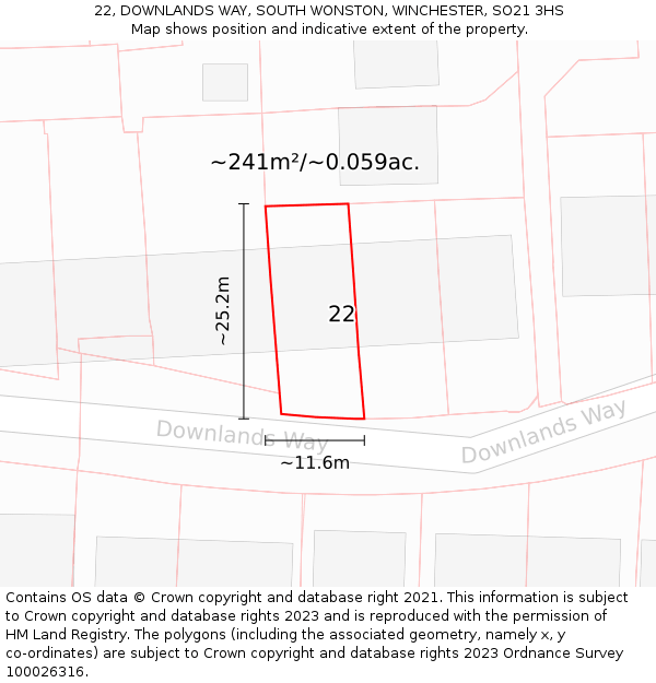 22, DOWNLANDS WAY, SOUTH WONSTON, WINCHESTER, SO21 3HS: Plot and title map